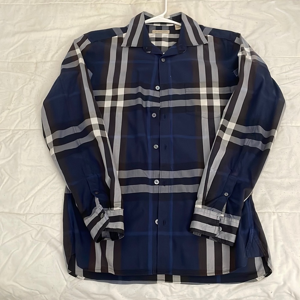 Burberry Check Stretch Cotton button down Shirt Navy Blue Small